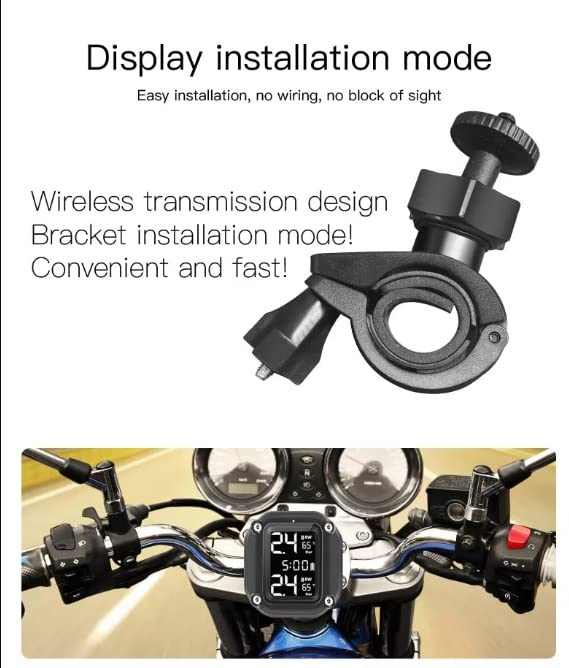 Motorcycle Tire Pressure Monitoring System Wireless , for Motorcycle with 2 External Sensors - Motorcycle Tire Pressure Monitoring System Solar TPMS with LCD Display