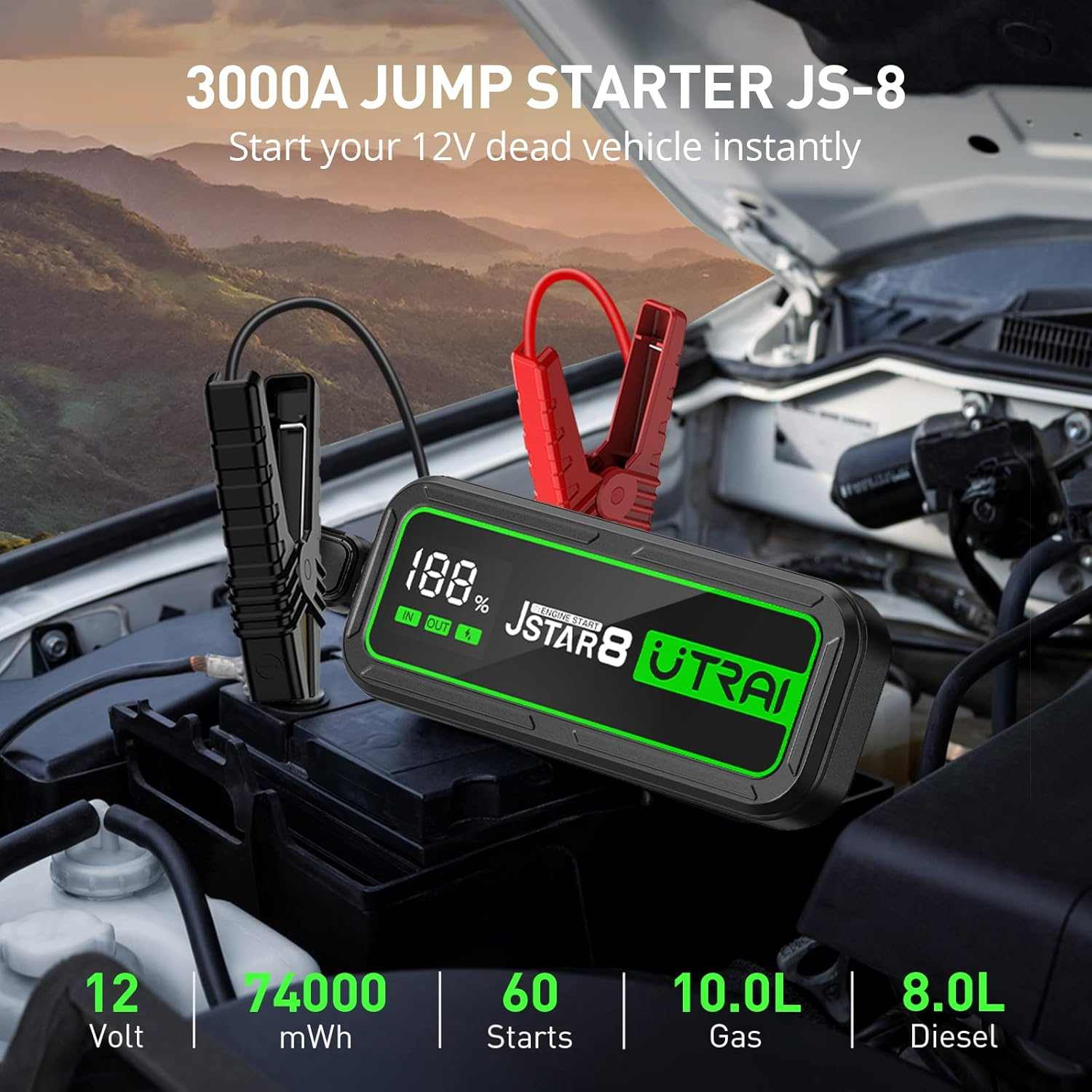 Utrai JS-8 12V Jump Starter Power Bank 3000A Peak Current 20000mah Portable battery jumper - Portable Battery Jumper - Utrai JS-8 12V 3000A Power Bank super fast