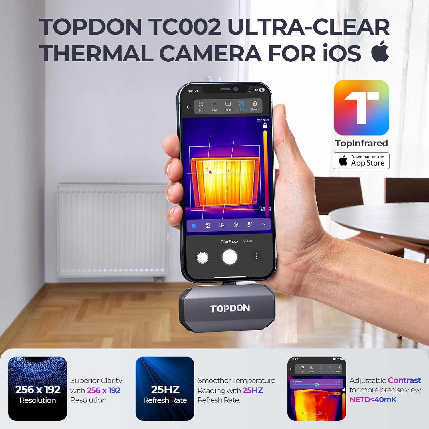 TOPDON TC002 Thermal Imaging Camera For iOS with IR Resolution of 256 x 192px, Temperature Range from -20°C to +550°C - TOPDON TC002 Thermal Imaging Camera for iOS, 256x192 Resolution