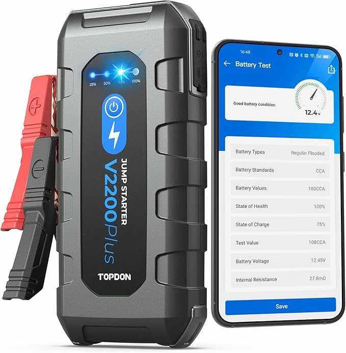 TOPDON V2200 Plus 12v Car Jump Starter and 16000MAH Battery Tester 2 - in - 1 2000A Battery - SAFE DRIVES