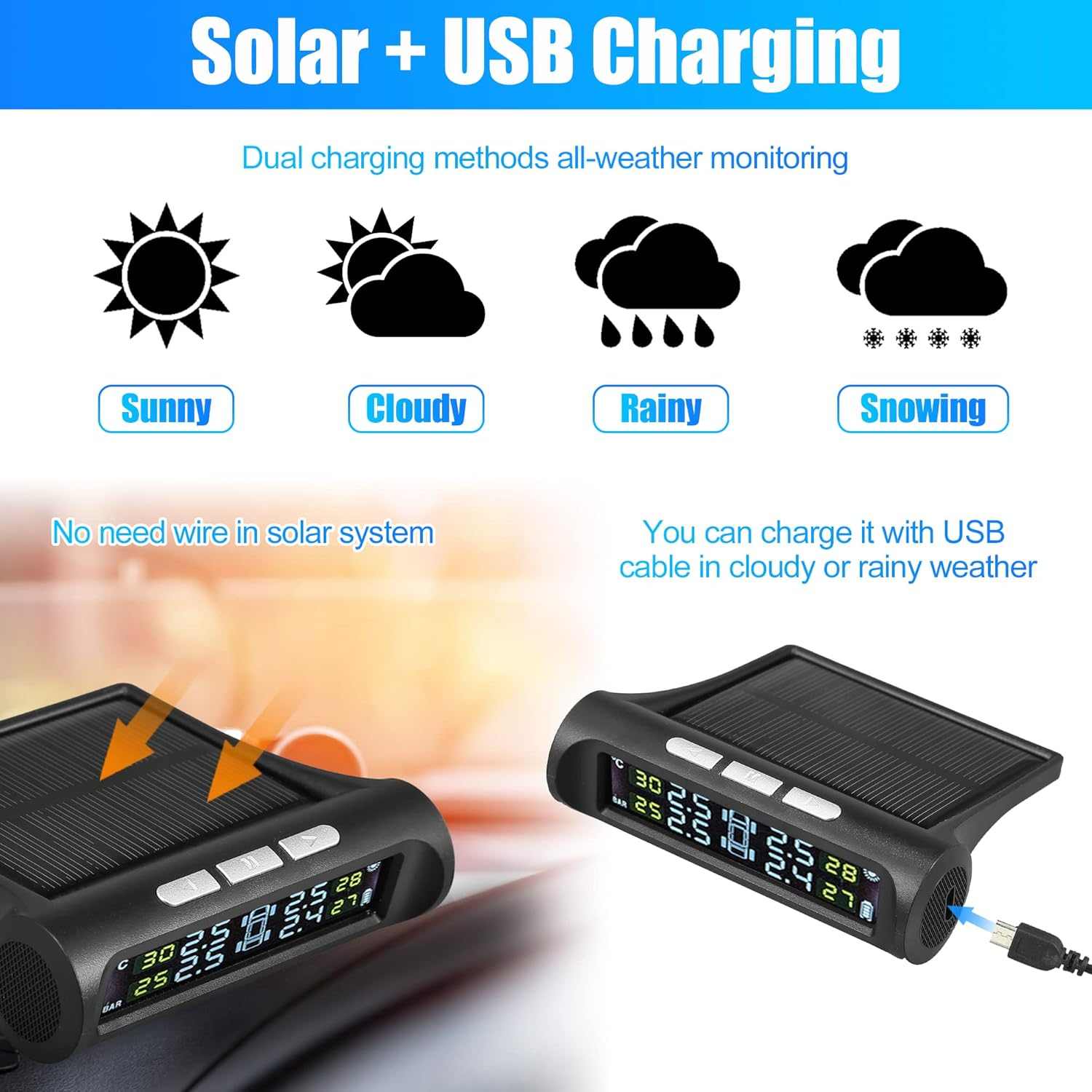 CAR EXTERNAL Tyre Pressure Monitoring System TPMS Wireless Solar Power and USB Charger Monitor - SAFE DRIVES