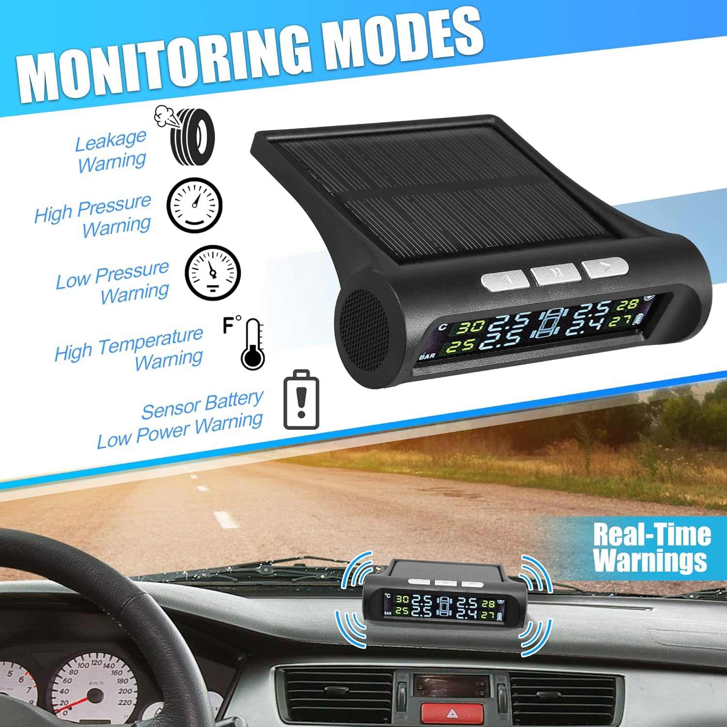 CAR EXTERNAL Tyre Pressure Monitoring System TPMS Wireless Solar Power and USB Charger Monitor - SAFE DRIVES