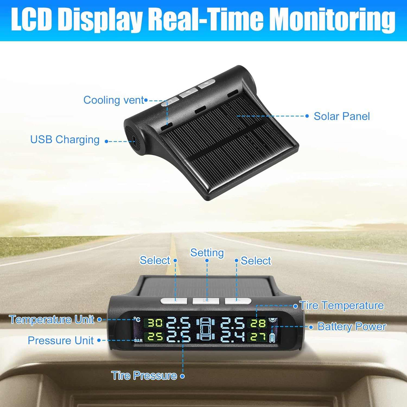 CAR EXTERNAL Tyre Pressure Monitoring System TPMS Wireless Solar Power and USB Charger Monitor - SAFE DRIVES