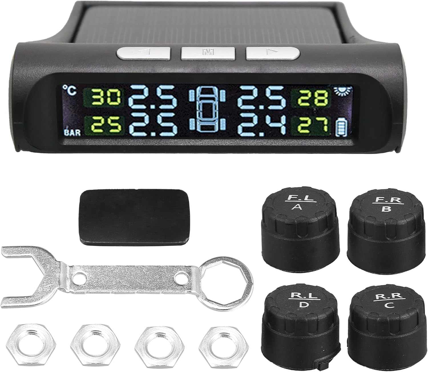 CAR EXTERNAL Tyre Pressure Monitoring System TPMS Wireless Solar Power and USB Charger Monitor - SAFE DRIVES