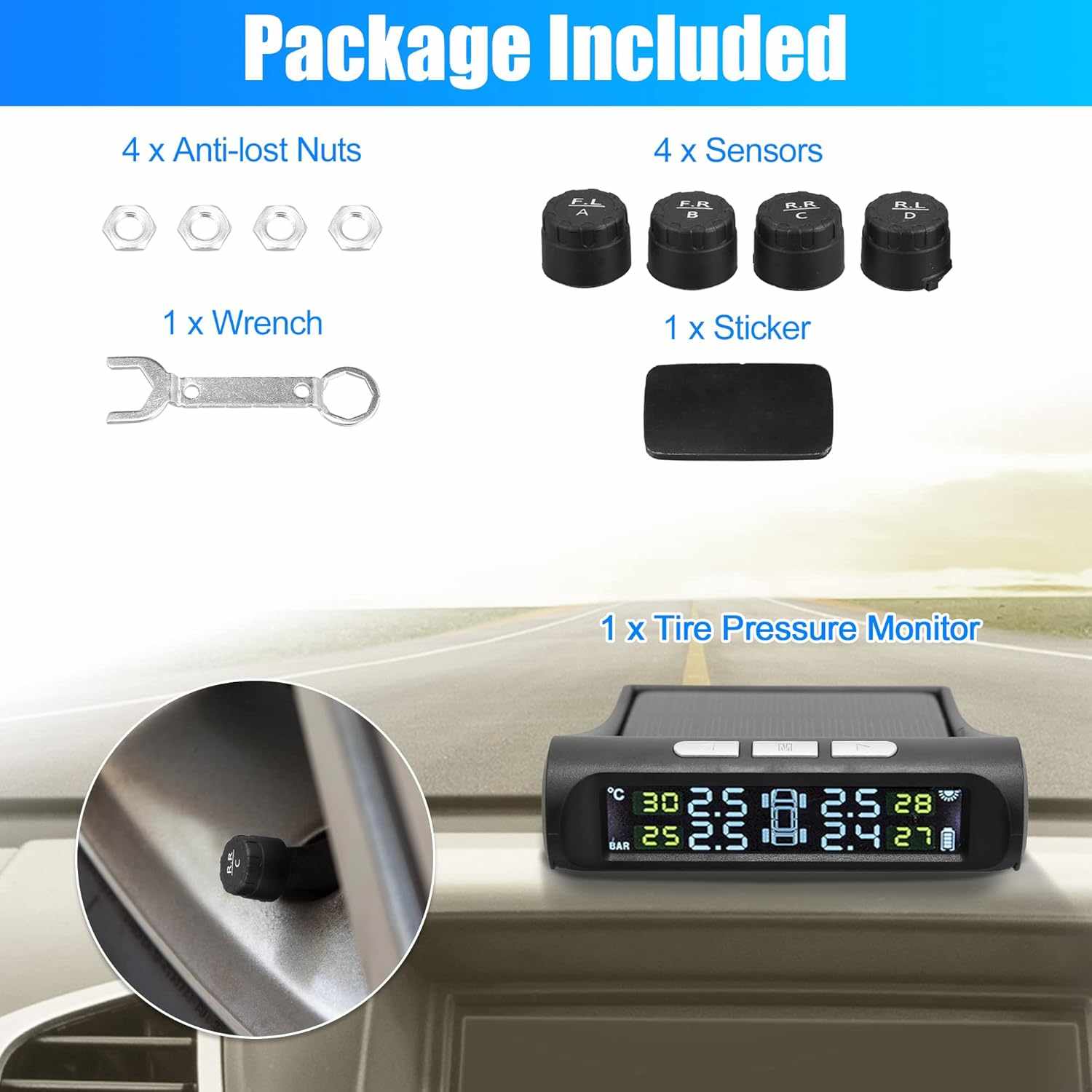 CAR EXTERNAL Tyre Pressure Monitoring System TPMS Wireless Solar Power and USB Charger Monitor - SAFE DRIVES