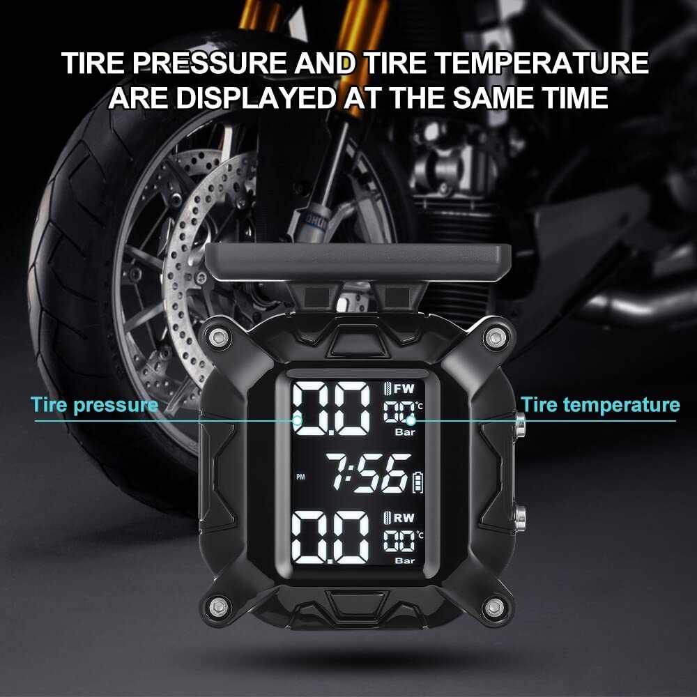 Solar Motorcycle TPMS - Tire Pressure Monitoring System With 2 Sensors, Magnetic Charging, Waterproof