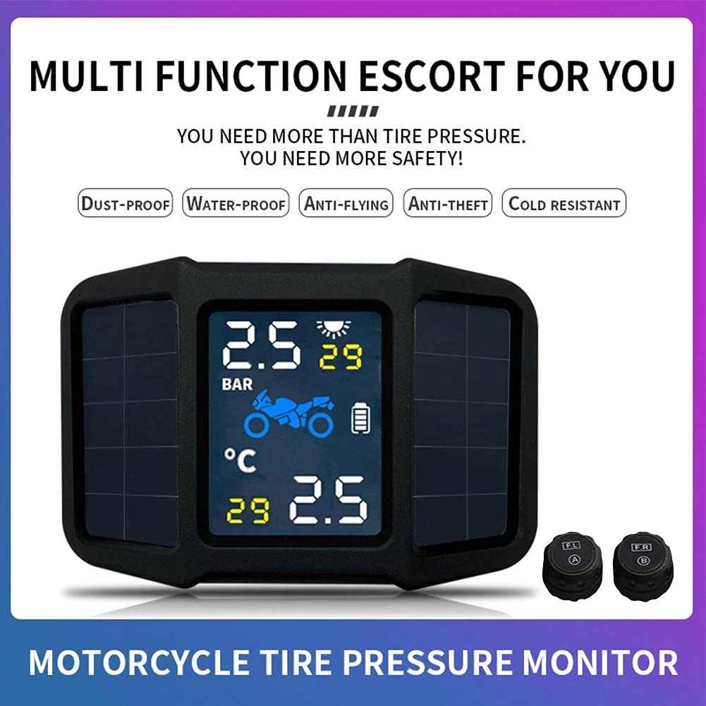 Motorcycle tpms Tire Pressure Monitoring System Solar Power with 2 External Sensor - SAFE DRIVES