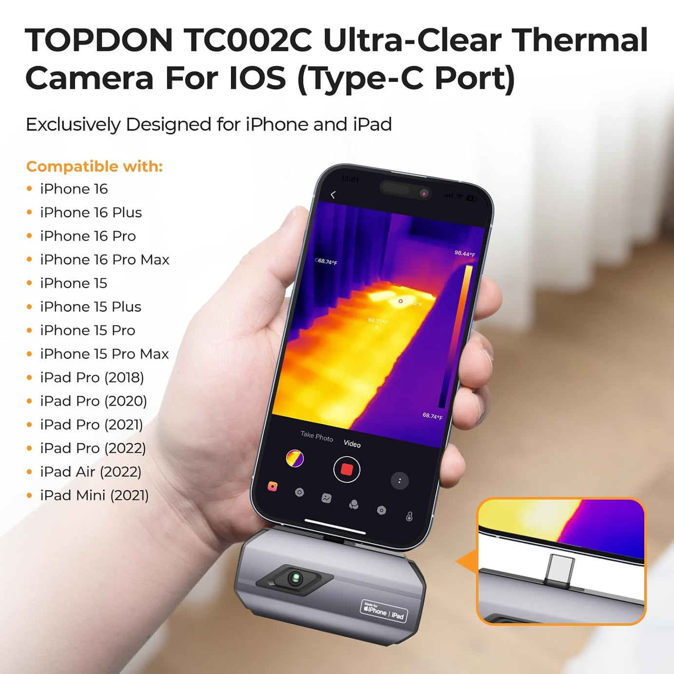 TOPDON TC002C Thermal Camera for iPhone 15/16 Series and iPads - SAFE DRIVES