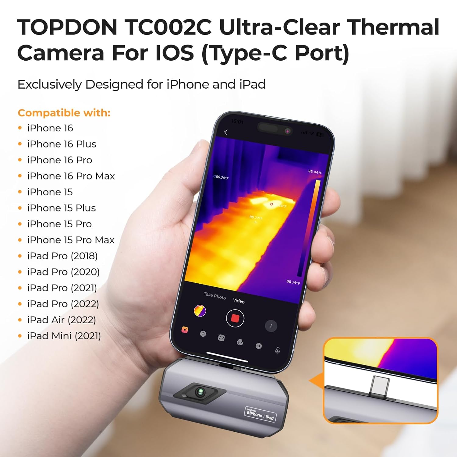 TOPDON TC002C Thermal Camera for iPhone 15/16 Series and iPads - SAFE DRIVES