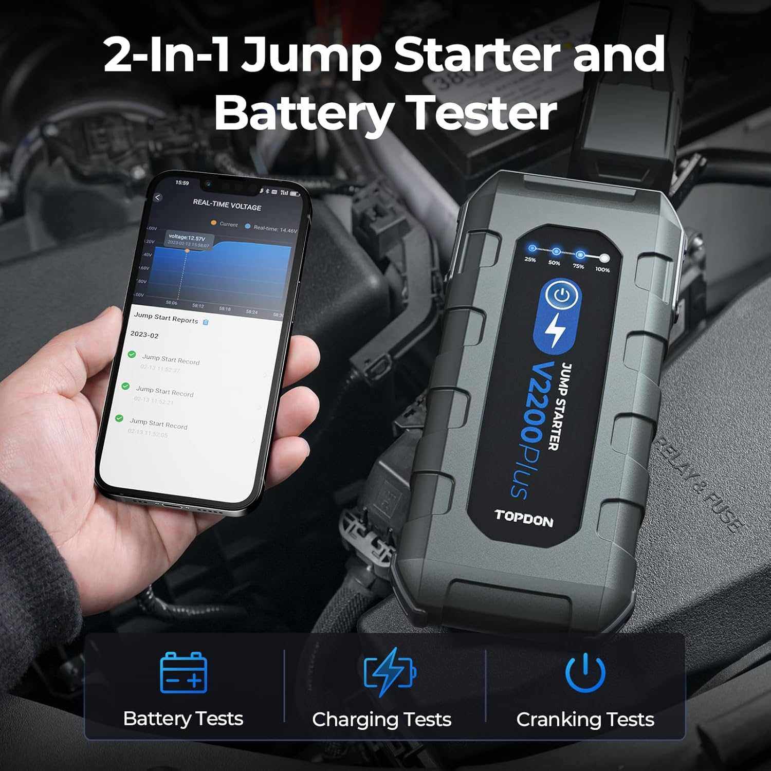 TOPDON V2200 Plus 12v Car Jump Starter and 16000MAH Battery Tester 2 - in - 1 2000A Battery - SAFE DRIVES