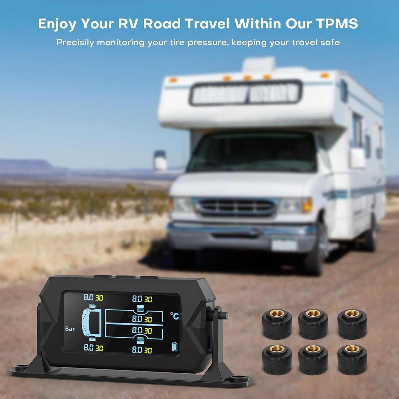 TRUCK EXTERNAL Tire Pressure Monitoring System, for RV Travel Trailer Truck Fifth Wheel - 6 SENSOR - SAFE DRIVES