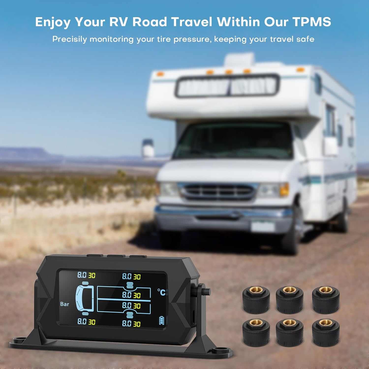 TRUCK EXTERNAL Tire Pressure Monitoring System, for RV Travel Trailer Truck Fifth Wheel - 6 SENSOR - SAFE DRIVES